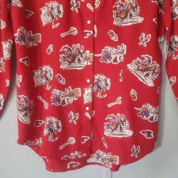Panhandle Red Western Cowboy Rodeo Print Snap Front Vintage Top - Picture 3 of 10